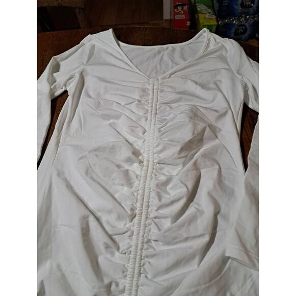 New XL Runs Small Off White Long Sleeve Sexy Bodycon Ruched Front Mini Dress - Picture 2 of 5